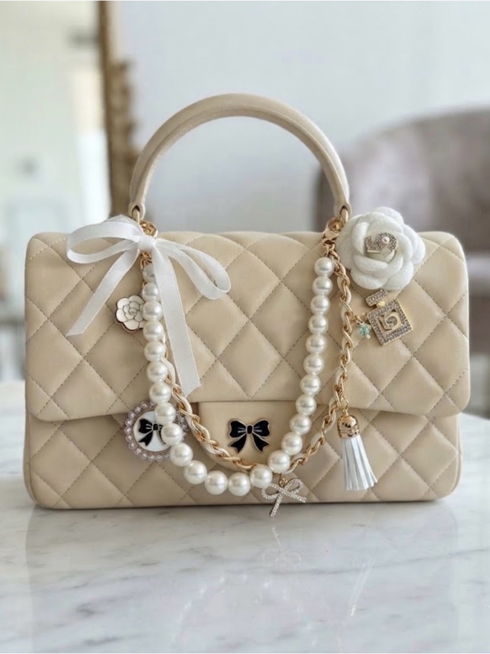Luxury Pearl & Gold Chain Purse Charm with White Camellia Flower, Bow & Tassel